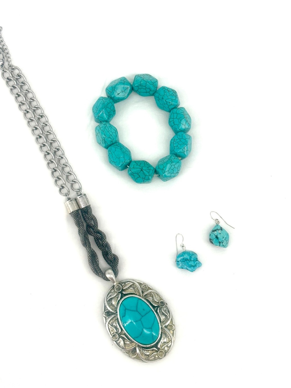 Turquoise Stone Medallion Pendant Necklace, Bracelet & Earring Set‎ Western
